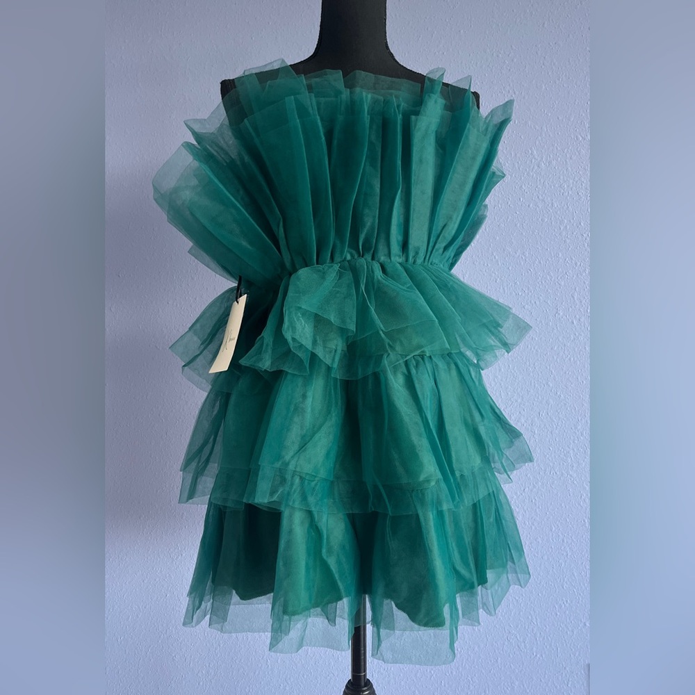 KLESIS Strapless Teal Tiered Tulle Mini Dress - Picture 3 of 5